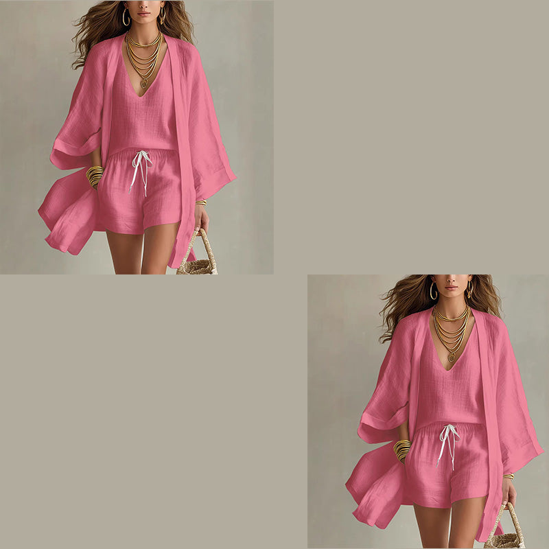 🤍 3-teiliges Freizeit-Set für Damen ✨ Loungewear mit Tunika, Top & Shorts – luftiges Homewear für Urlaub & Alltag