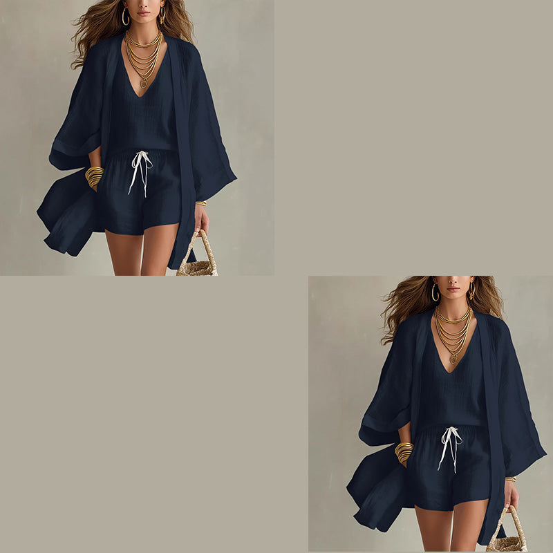 🤍 3-teiliges Freizeit-Set für Damen ✨ Loungewear mit Tunika, Top & Shorts – luftiges Homewear für Urlaub & Alltag