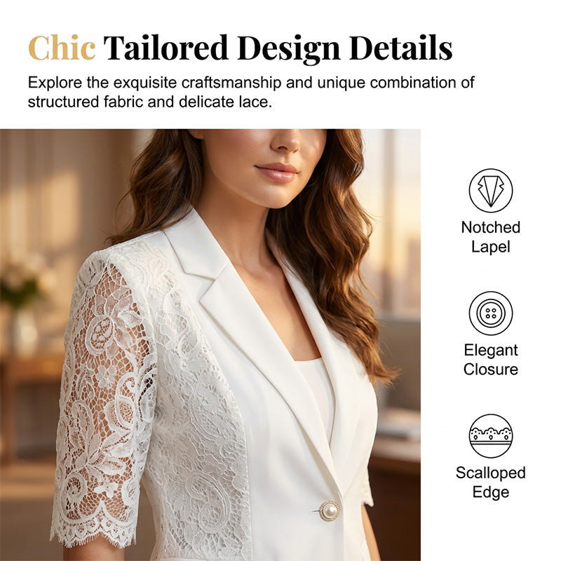 🧥 50% RABATT! 🤵‍♀️ Weißer Spitzen-Blazer – Slim Fit, 3/4-Ärmel & Eleganz für Tag & Nacht – Leicht, luftig – perfekt für Hochzeiten, Büro oder besondere Abende 👑