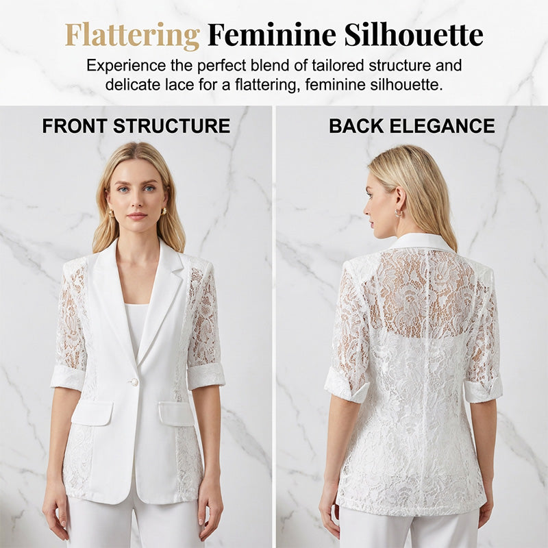 🧥 50% RABATT! 🤵‍♀️ Weißer Spitzen-Blazer – Slim Fit, 3/4-Ärmel & Eleganz für Tag & Nacht – Leicht, luftig – perfekt für Hochzeiten, Büro oder besondere Abende 👑