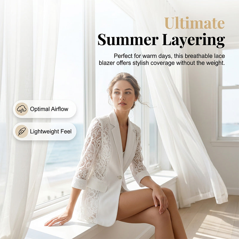 🧥 50% RABATT! 🤵‍♀️ Weißer Spitzen-Blazer – Slim Fit, 3/4-Ärmel & Eleganz für Tag & Nacht – Leicht, luftig – perfekt für Hochzeiten, Büro oder besondere Abende 👑