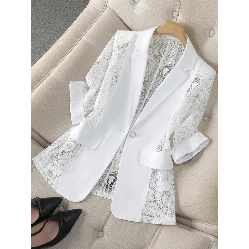 🧥 50% RABATT! 🤵‍♀️ Weißer Spitzen-Blazer – Slim Fit, 3/4-Ärmel & Eleganz für Tag & Nacht – Leicht, luftig – perfekt für Hochzeiten, Büro oder besondere Abende 👑