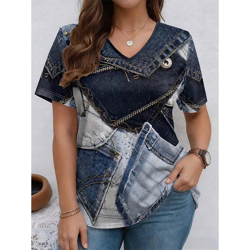 👕 Damen-T-Shirt mit V-Ausschnitt und schickem Denim-Print ✨