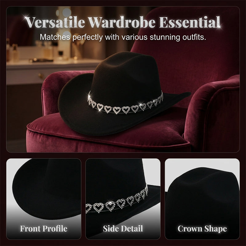 Damen Strass-Herz Cowboyhut Eleganter Französischer Jazz Fedora