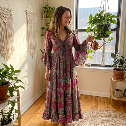 👗 Neu! Damen Boho Paisley Maxikleid | V-Ausschnitt mit Glockenärmeln, Weiches Fließendes Sommerkleid