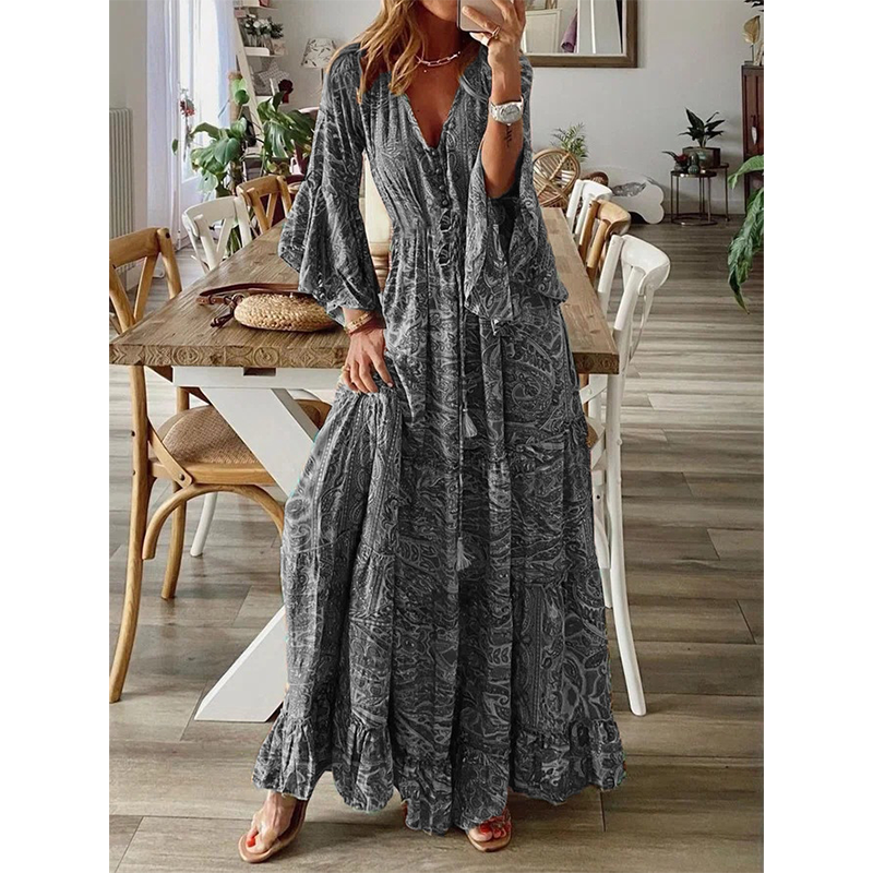 👗 Neu! Damen Boho Paisley Maxikleid | V-Ausschnitt mit Glockenärmeln, Weiches Fließendes Sommerkleid