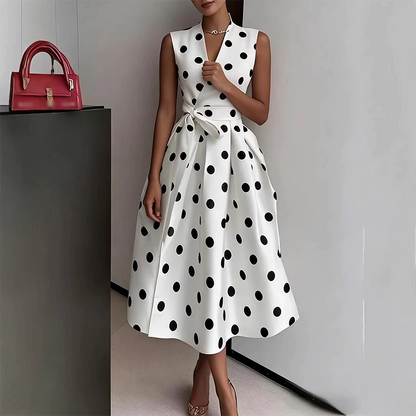 👗 Damen-Kleid mit Polka-Dot-Muster, V-Ausschnitt & ärmellos – luftig, elegant & vielseitig für Alltag, Büro & besondere Anlässe 🌸✨