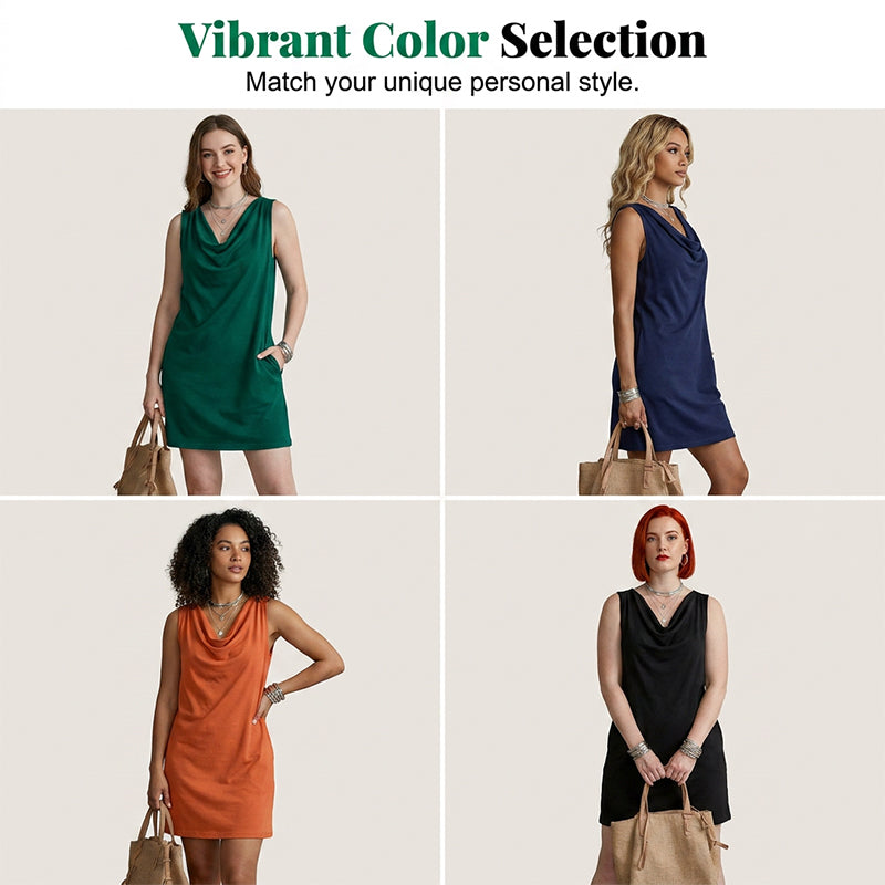 📢📢50% RABATT!! ⏰ Elegantes Slim-Fit-Kleid mit Wasserfallausschnitt – Ärmellos, Seitentaschen, Vielseitig ✨