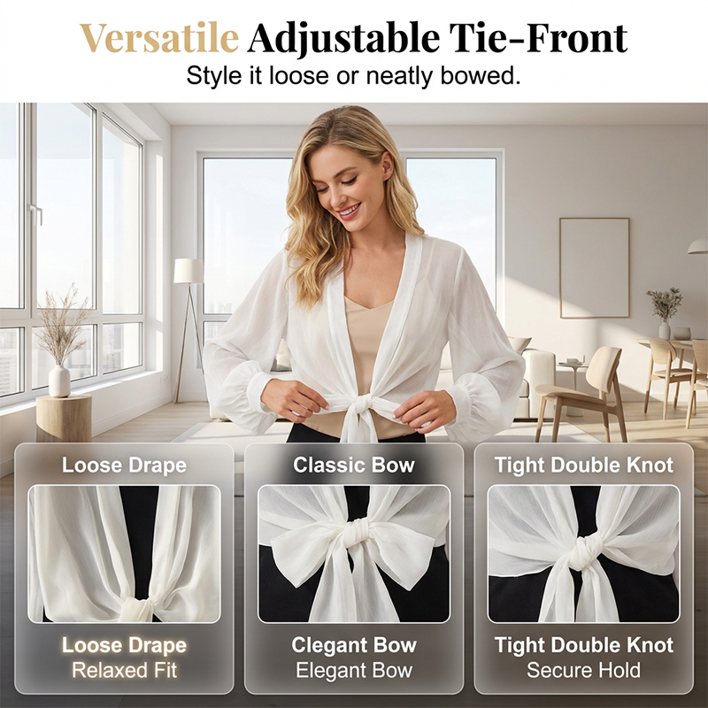🧥 50% RABATT! 💥 Damen leichter Chiffon Vorne-Knoten Cardigan – Ballonärmel & transparent – Perfekt für Layering, Strand oder laue Sommerabende – stilvoll und vielseitig 🌸✨