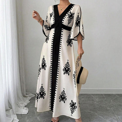 👗⏰ NUR NOCH HEUTE: 50% RABATT+Versandkostenfrei! Elegantes Damen Maxikleid mit V-Ausschnitt & Retro-Print – Fließender Stoff, Glockenärmel & kontrastierende schwarze Besätze – Perfekt für Urlaub, Picknick & Abendausflüge ✨