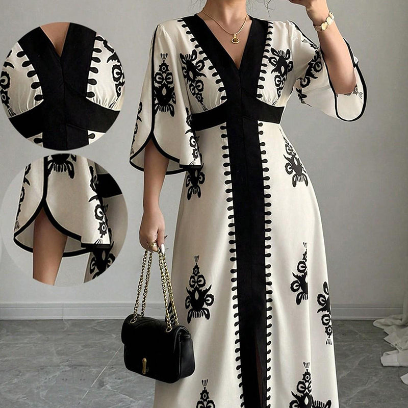 👗⏰ NUR NOCH HEUTE: 50% RABATT+Versandkostenfrei! Elegantes Damen Maxikleid mit V-Ausschnitt & Retro-Print – Fließender Stoff, Glockenärmel & kontrastierende schwarze Besätze – Perfekt für Urlaub, Picknick & Abendausflüge ✨