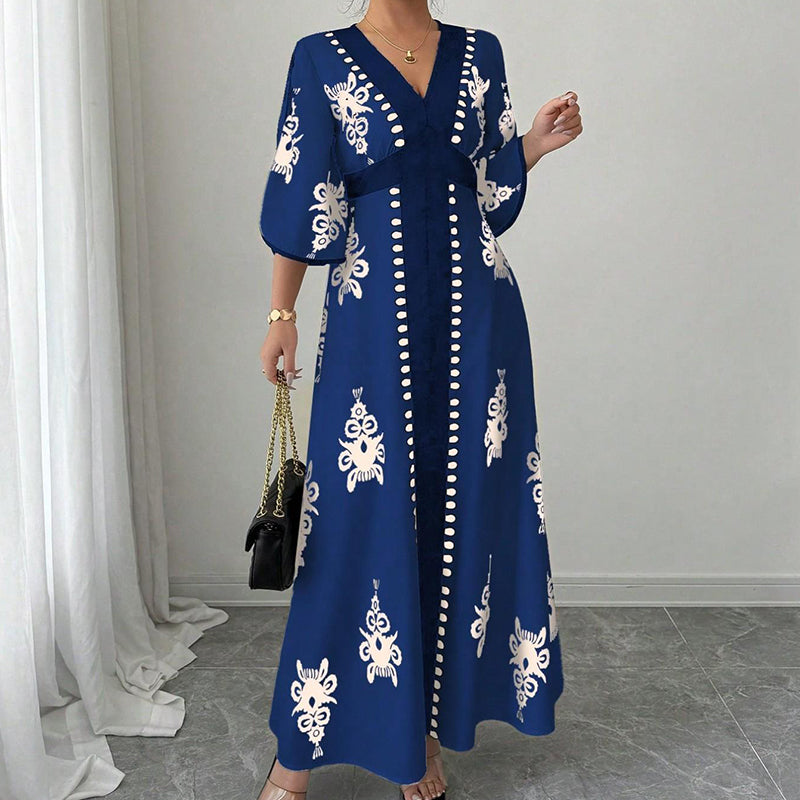 👗⏰ NUR NOCH HEUTE: 50% RABATT+Versandkostenfrei! Elegantes Damen Maxikleid mit V-Ausschnitt & Retro-Print – Fließender Stoff, Glockenärmel & kontrastierende schwarze Besätze – Perfekt für Urlaub, Picknick & Abendausflüge ✨