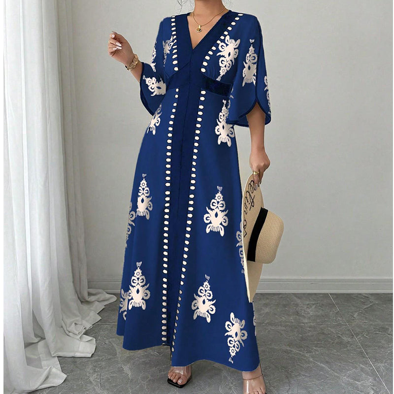 👗⏰ NUR NOCH HEUTE: 50% RABATT+Versandkostenfrei! Elegantes Damen Maxikleid mit V-Ausschnitt & Retro-Print – Fließender Stoff, Glockenärmel & kontrastierende schwarze Besätze – Perfekt für Urlaub, Picknick & Abendausflüge ✨