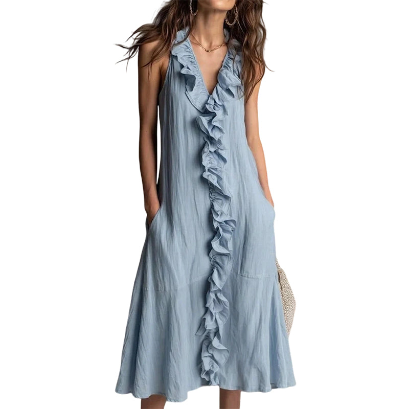 Women's V-Neck Ruffled Sleeveless Dress