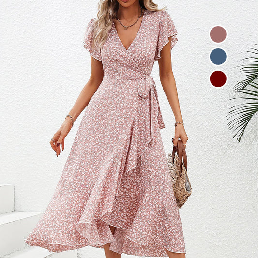 Damen Sommer Elegantes V-Ausschnitt Kleid mit Taillenbindung und Blumenmuster