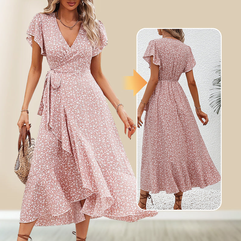 Women’s Summer Elegant V Neck Tie Waist Flowy Floral Dress