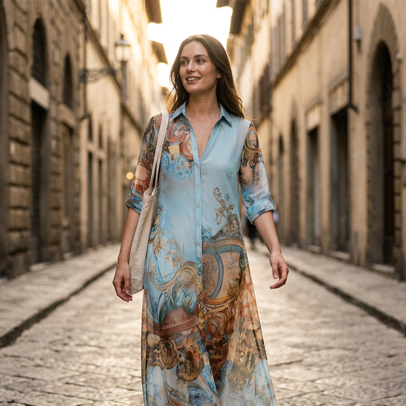 ✨ Exklusiv – 50 % RABATT! 👗 Elegantes Boho-Kleid mit Knopfleiste – Retro-Muster, fließende Silhouette & perfekt für Feste, Urlaub & Alltag 🌿