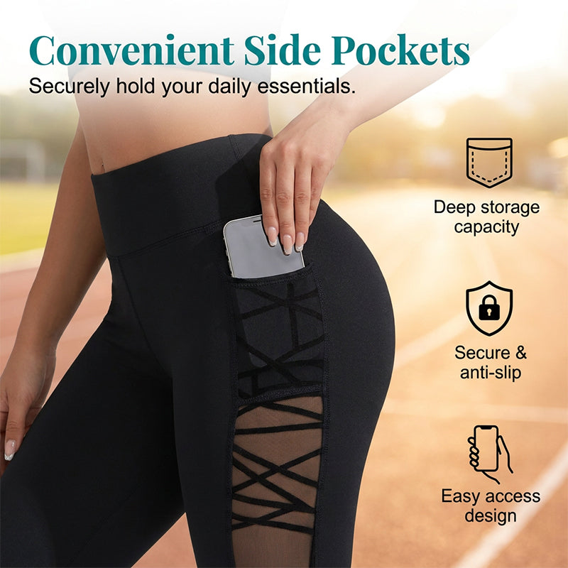 🧘‍♀️ Figurbetonte Yogahose mit Netz-Einsätzen – gepolsterte Taille, praktische Tasche & Beinabschluss, ideal für Yoga, Fitness & den aktiven Alltag ✨