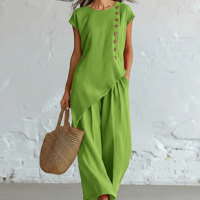 👗🌺 50% RABATT! 2-teiliges Set aus Oberteil mit asymmetrischem Saum & Hose für Damen – Modern, feminin & perfekt für Sommer, Büro & Alltag ✨