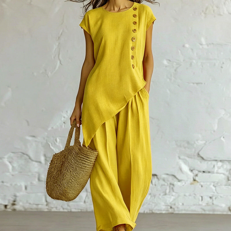 👗🌺 50% RABATT! 2-teiliges Set aus Oberteil mit asymmetrischem Saum & Hose für Damen – Modern, feminin & perfekt für Sommer, Büro & Alltag ✨