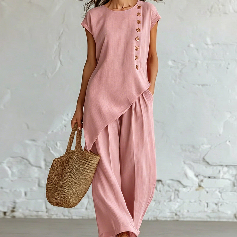 👗🌺 50% RABATT! 2-teiliges Set aus Oberteil mit asymmetrischem Saum & Hose für Damen – Modern, feminin & perfekt für Sommer, Büro & Alltag ✨