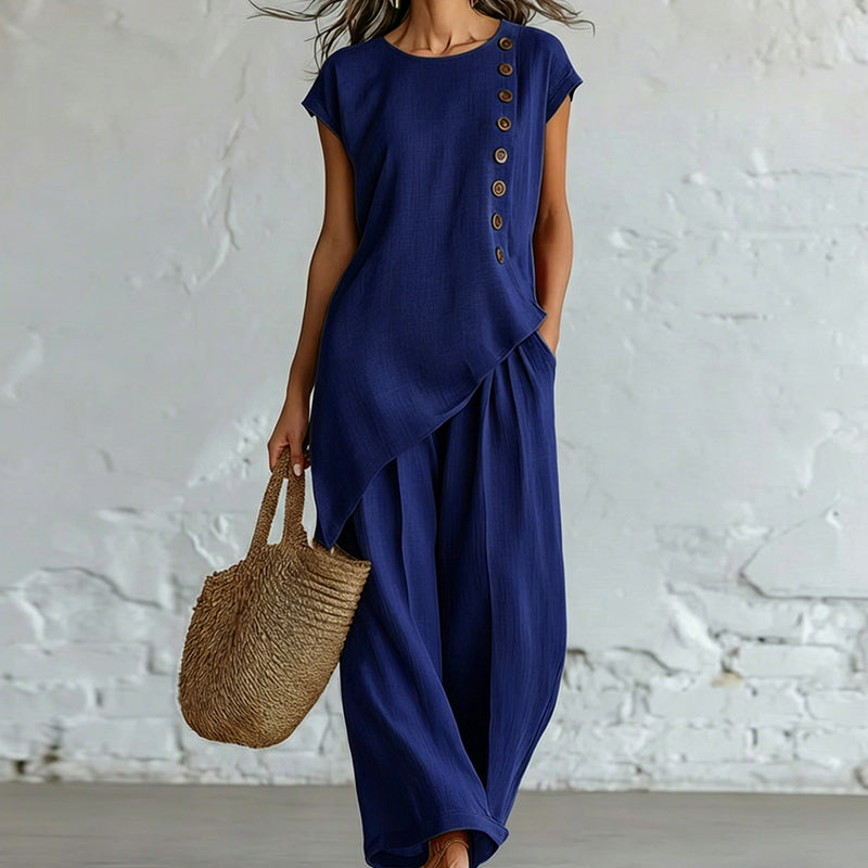 👗🌺 50% RABATT! 2-teiliges Set aus Oberteil mit asymmetrischem Saum & Hose für Damen – Modern, feminin & perfekt für Sommer, Büro & Alltag ✨