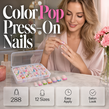 ✨ Color Pop Aufkleb-Kunstnägel Set mit 288 Stück – 12 Größen, einfache Anwendung, salonfertiger French-Look ohne Nagellack