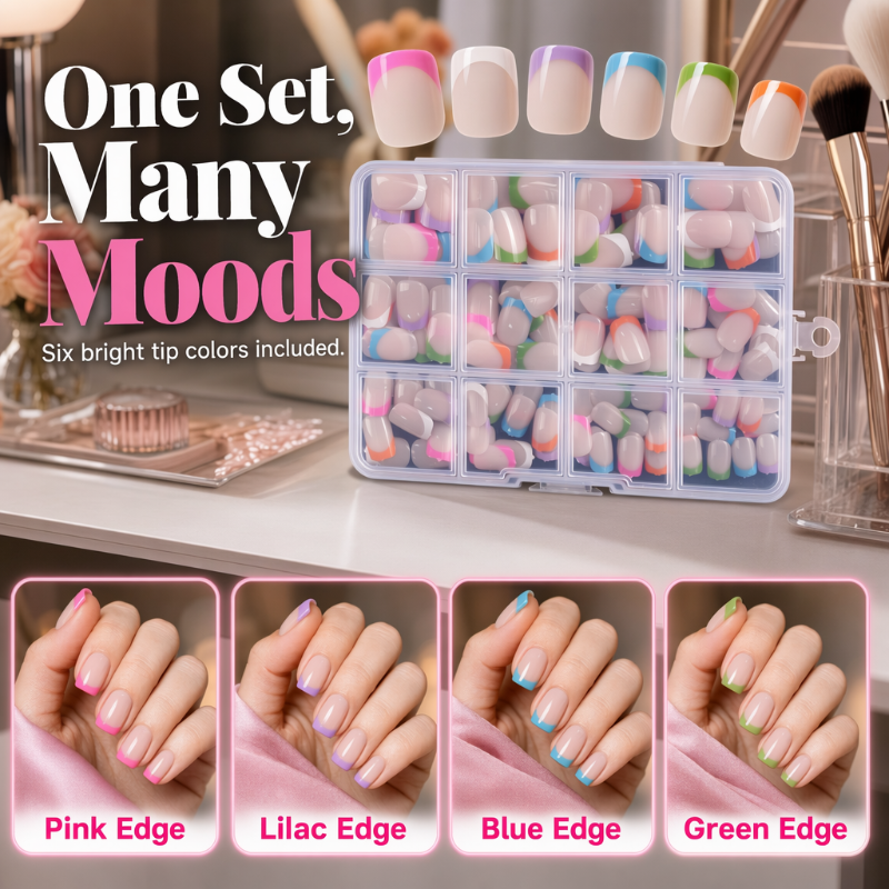✨ Color Pop Aufkleb-Kunstnägel Set mit 288 Stück – 12 Größen, einfache Anwendung, salonfertiger French-Look ohne Nagellack