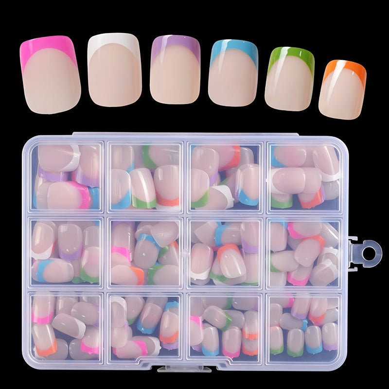 ✨ Color Pop Aufkleb-Kunstnägel Set mit 288 Stück – 12 Größen, einfache Anwendung, salonfertiger French-Look ohne Nagellack