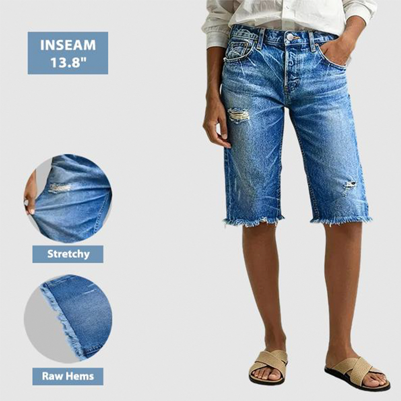 ⏰ NUR KURZE ZEIT 50 % RABATT! 👖 Damen Stretch Bermuda Jeans-Shorts – Vintage Used-Look, Destroy-Details, elastischer Stoff für maximalen Komfort 💙