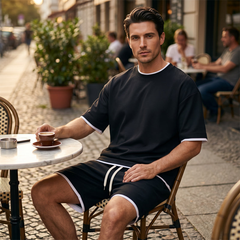 👕 Herren Waffelstrick T-Shirt & Shorts Set – Kühlstoff & Entspanntes Schnittdesign 💙