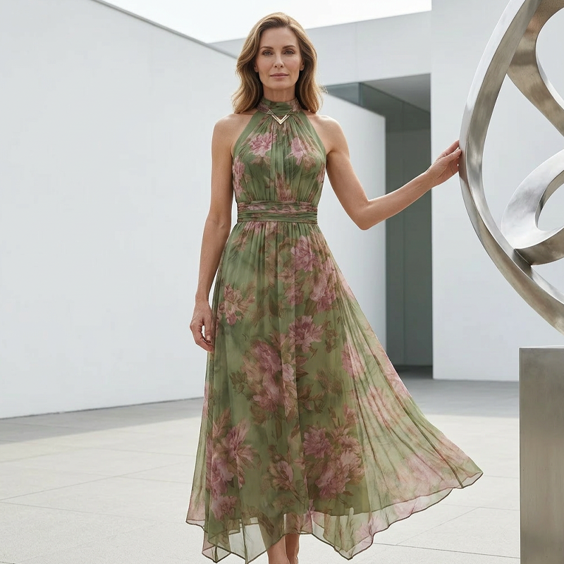 🌸 50% RABATT! 👗 Elegantes Maxi-Kleid mit Blumendruck & Neckholder – Fließender Stoff, figurschmeichelnd & Boho-Stil – Ideal für Sommer, Urlaub & warme Abende ☀️