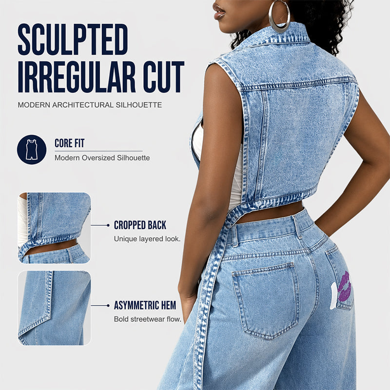 ☀️👗Damen Gilet-Stil Ärmelloses Jeanskleid mit hohem Schlitz