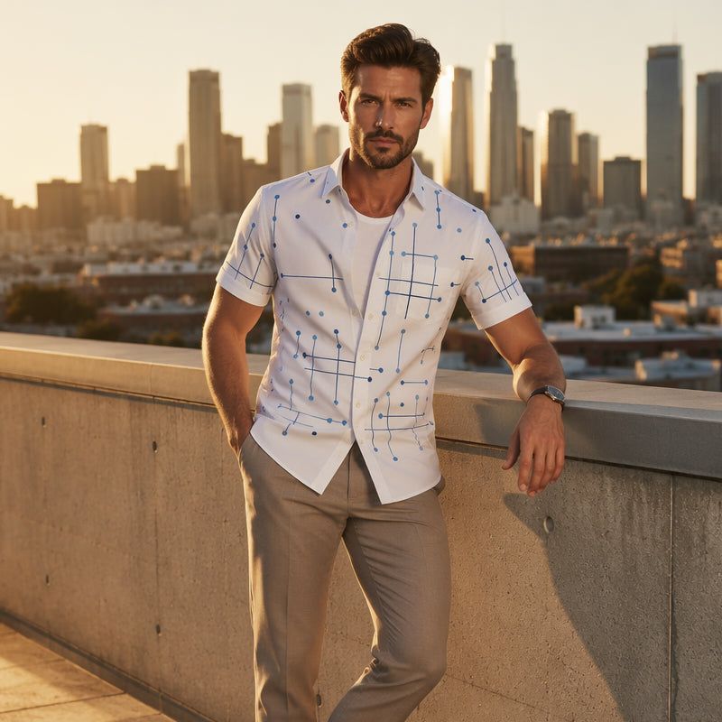 ☀️ 👔 Herren Geometrisches Muster Kurzarmhemd – Locker sitzend, weich & luftig – Perfekt für Urlaub & heiße Tage ✨
