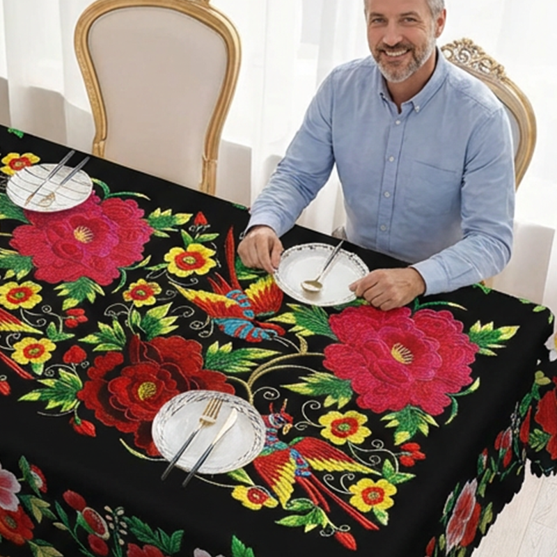 Mexikanische Tischdecke mit Blumenmuster und Wellenrand