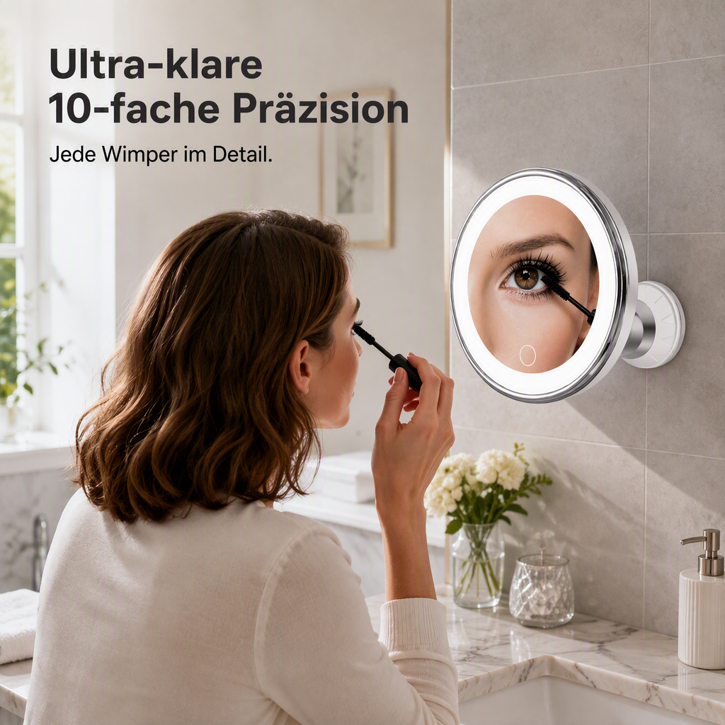 ❤️50% RABATT! LED-Schminkspiegel mit 10-facher Vergrößerung – Saugnapf-Befestigung, natürliche Lichtfarbe – ideal für Reise & Zuhause. 💡🌸