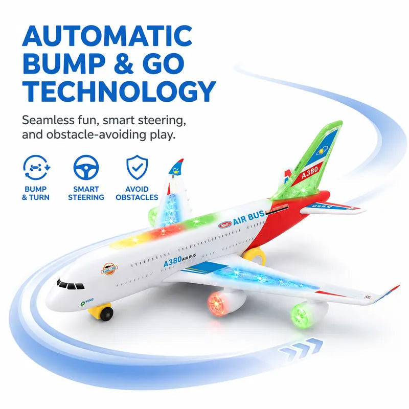 ✈️ JETZT 55% RABATT! 🎵 Elektrisches Modellflugzeug – Bump-and-Go, LED-Lichter & realistische Sounds – Für Kleinkinder ab 3+ 🛩️