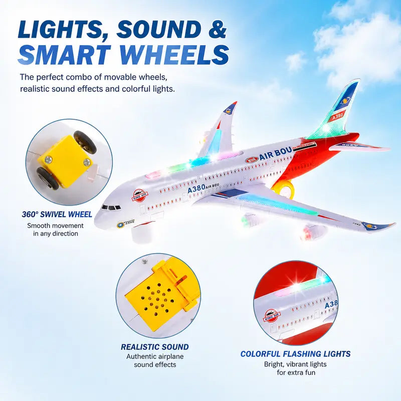 ✈️ JETZT 55% RABATT! 🎵 Elektrisches Modellflugzeug – Bump-and-Go, LED-Lichter & realistische Sounds – Für Kleinkinder ab 3+ 🛩️