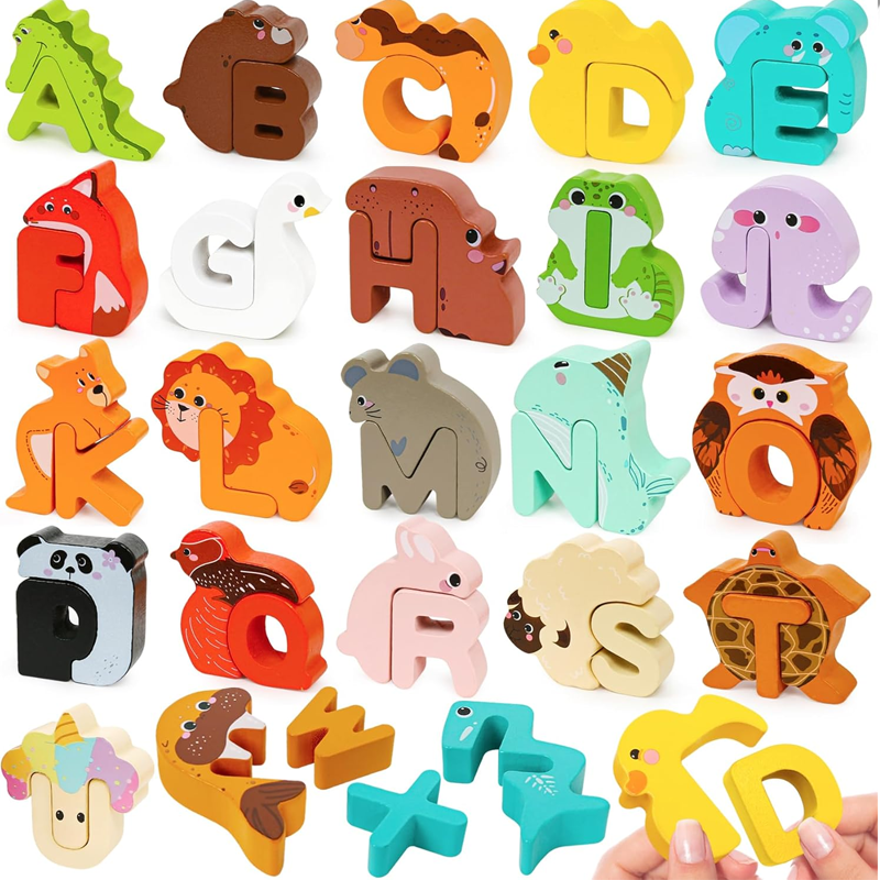 🔤 26-teiliges Holzspielzeug zum Zuordnen von Buchstaben und Tieren – Praktisches Erlernen des Alphabets, farbenfrohe Tierillustrationen und kindersicheres Design – Lernen macht Spaß ✨