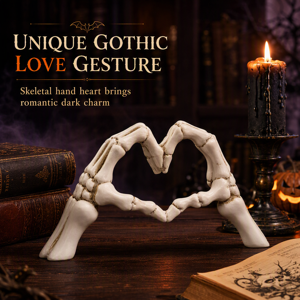 💀 50% RABATT! 🎃 Skelett-Figur – Gotische Herz-Handgeste, handbemalte Knochendetails & robuste Harzkonstruktion – Gruselige Schreibtisch- & Regaldekoration ✨