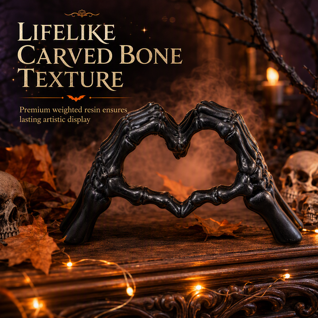 💀 50% RABATT! 🎃 Skelett-Figur – Gotische Herz-Handgeste, handbemalte Knochendetails & robuste Harzkonstruktion – Gruselige Schreibtisch- & Regaldekoration ✨