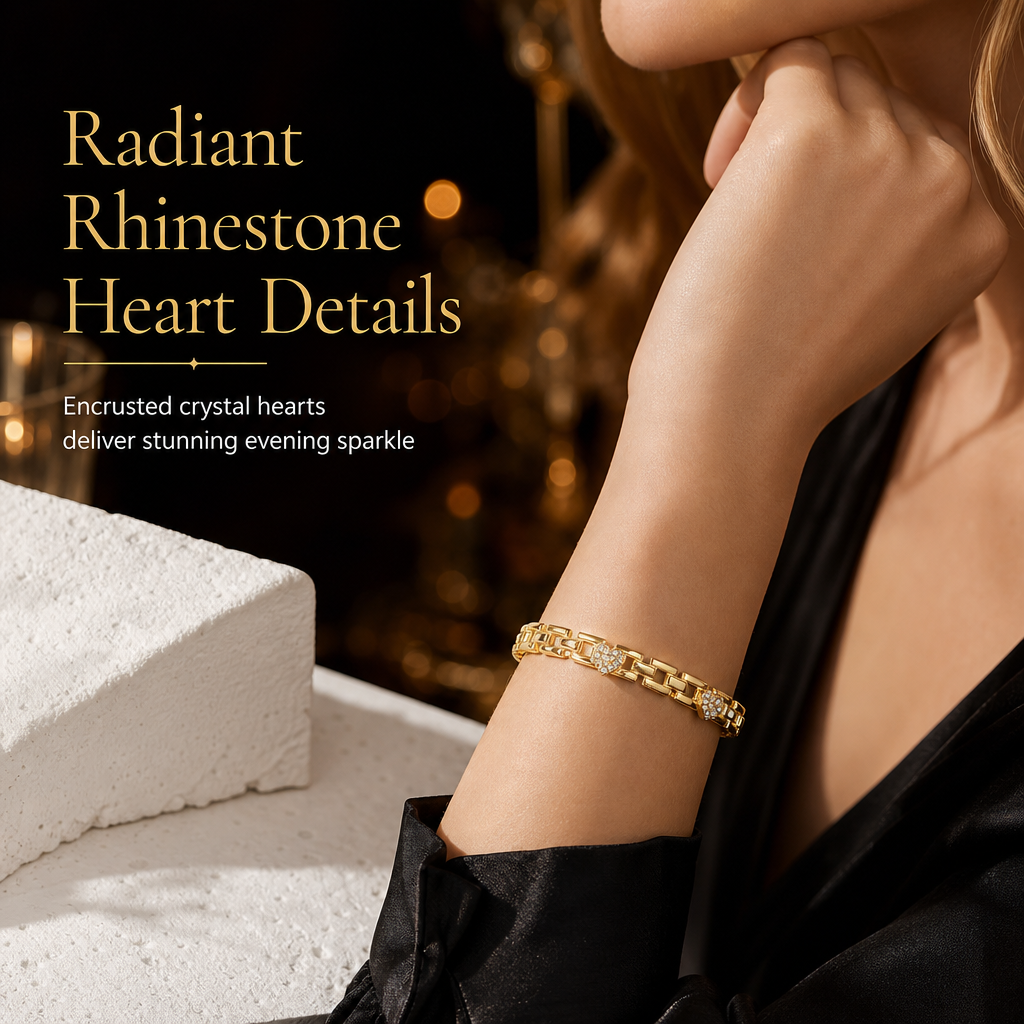 ✨ Goldfarbenes Armband mit Herz-Strassdetails und geometrischer Gliederkette