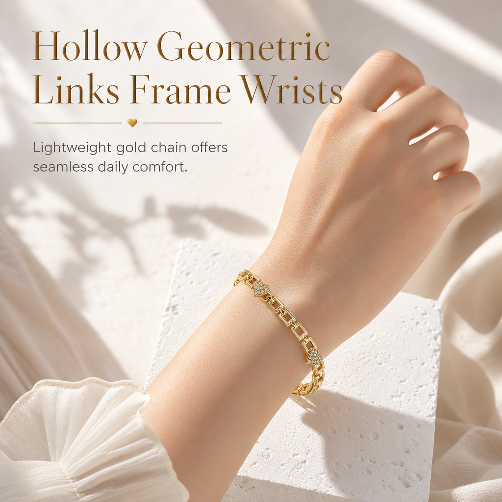 ✨ Goldfarbenes Armband mit Herz-Strassdetails und geometrischer Gliederkette