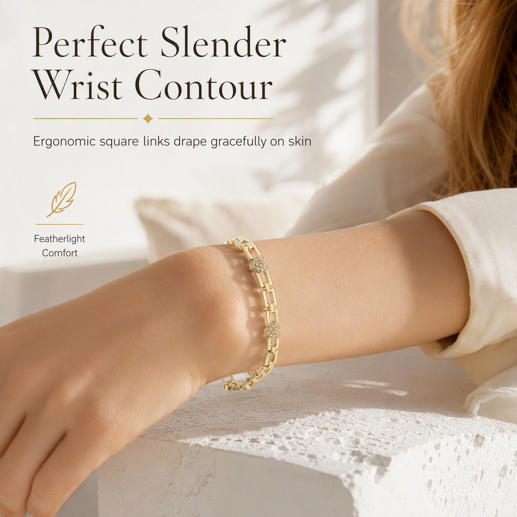 ✨ Goldfarbenes Armband mit Herz-Strassdetails und geometrischer Gliederkette