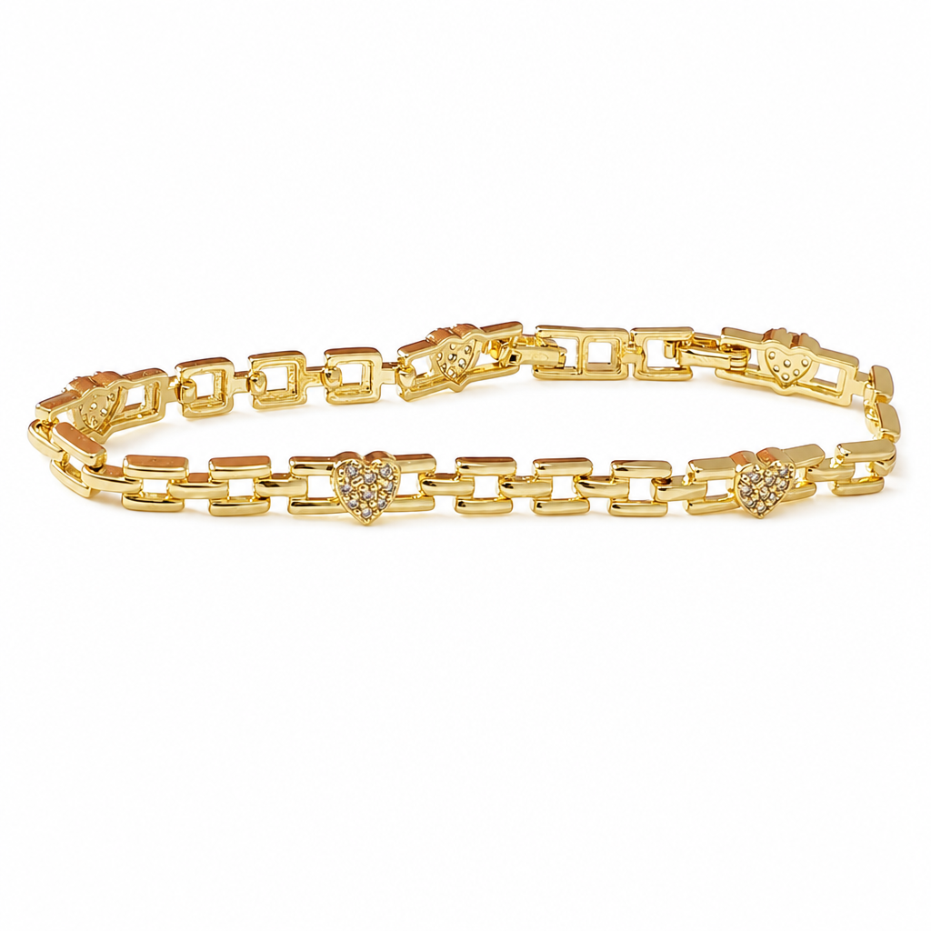 ✨ Goldfarbenes Armband mit Herz-Strassdetails und geometrischer Gliederkette