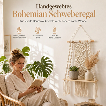 🔥 50% RABATT 🌿 Makramee-Wandbehang böhmisch, handgewebt – Schwebeboden für Bücher & Pflanzen, Deko fürs Wohnzimmer 📚