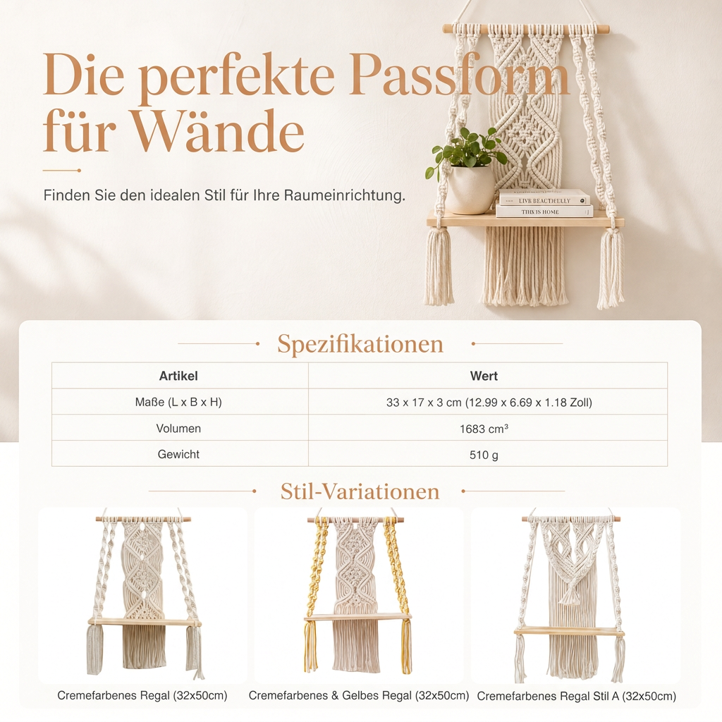 🔥 50% RABATT 🌿 Makramee-Wandbehang böhmisch, handgewebt – Schwebeboden für Bücher & Pflanzen, Deko fürs Wohnzimmer 📚