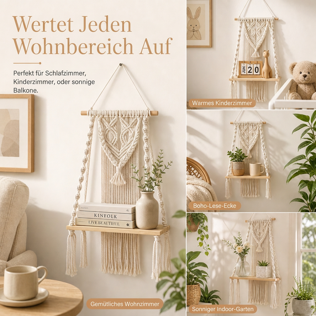 🔥 50% RABATT 🌿 Makramee-Wandbehang böhmisch, handgewebt – Schwebeboden für Bücher & Pflanzen, Deko fürs Wohnzimmer 📚