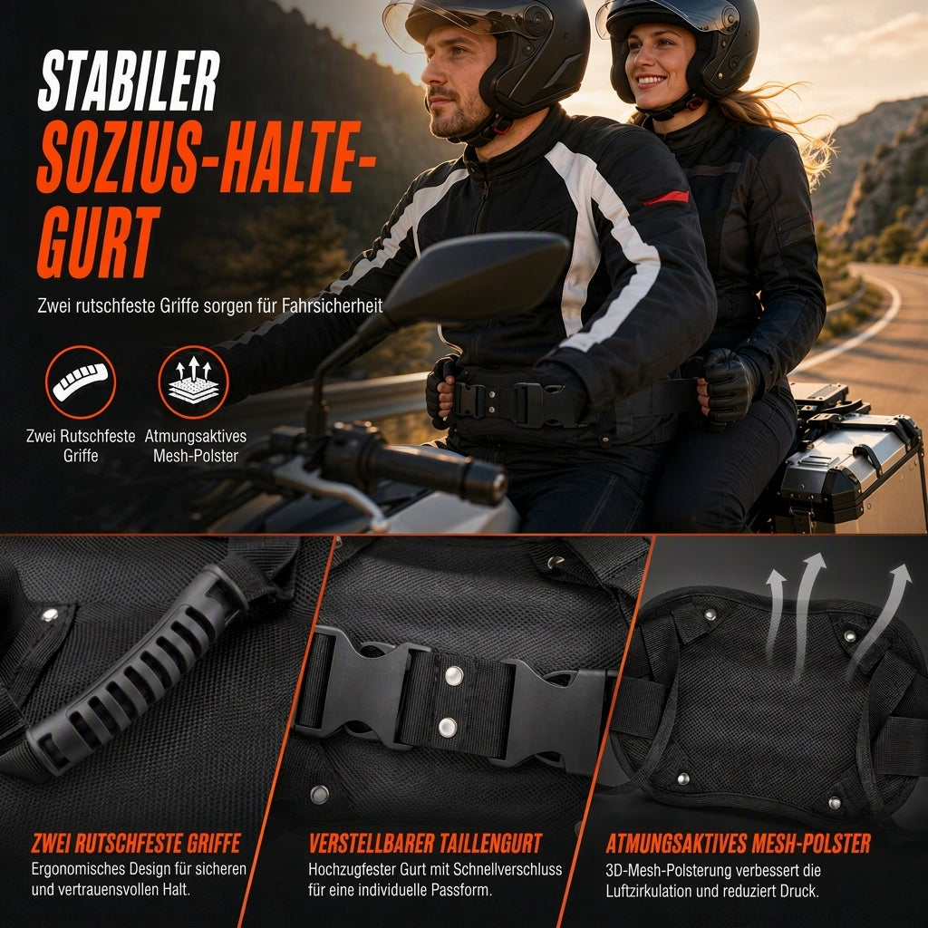 📢📢50% RABATT !!⏰Haltegriffgurt für Beifahrer auf Motorradrücksitzen, Beifahrer-Hüftgurtgriff für ATV, Schneemobil und Yacht