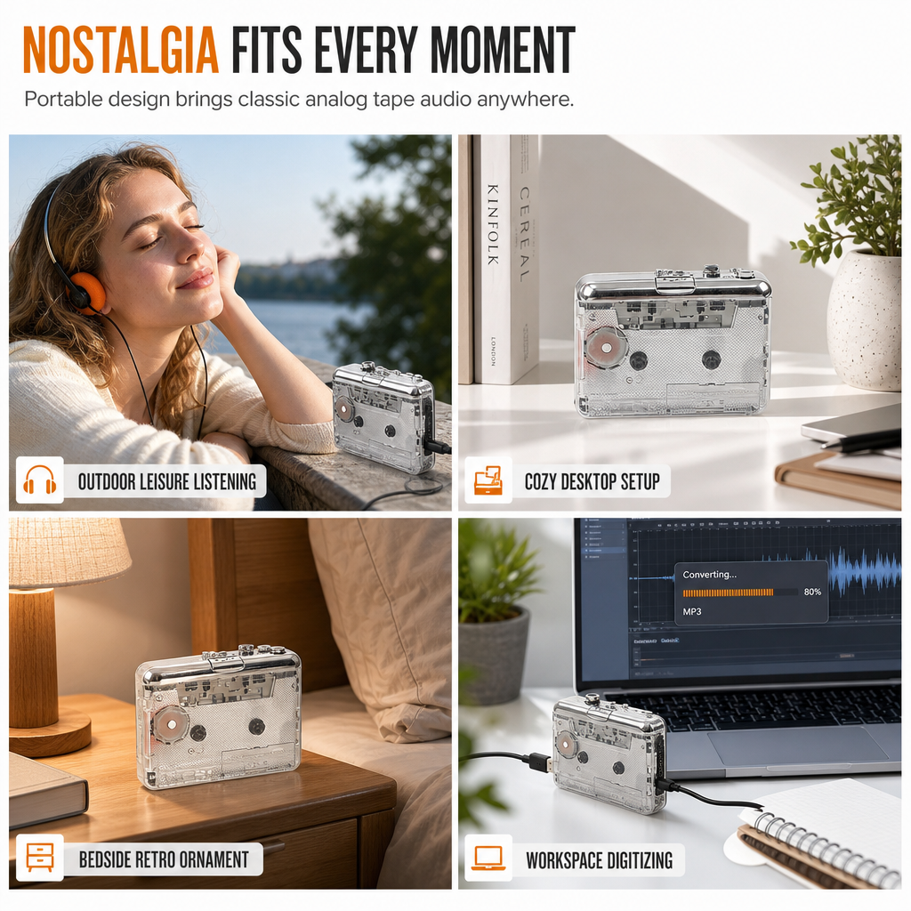 📼 50% Rabatt! 🎵 Klassischer Kassettenspieler im transparenten Retro-Design – Nostalgie pur, Kassetten zu MP3, USB-C
